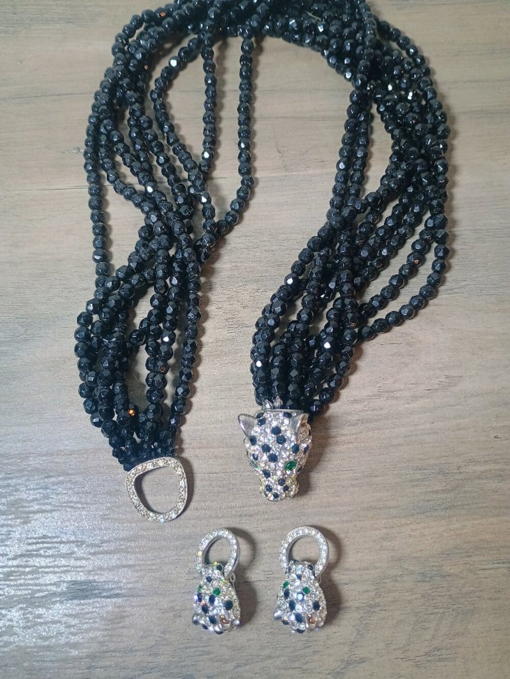 Kenneth Jay Lane KJL Avon Crystal Panther Black Torsade Necklace & Earrings Set